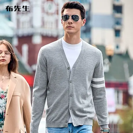 MrBu布先生条纹羊毛衫精致牛角扣厚实毛衣V领男士外穿开衫KT00836商品大图