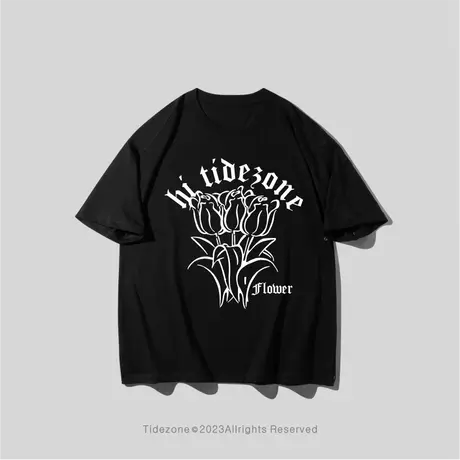 Ohlyah字母玫瑰短袖t恤男女款港风体恤复古美式半截袖潮牌高级感图片