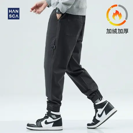 hansca束脚工装裤男冬季潮牌加绒加厚纯色拼接青少年大码休闲长裤商品大图