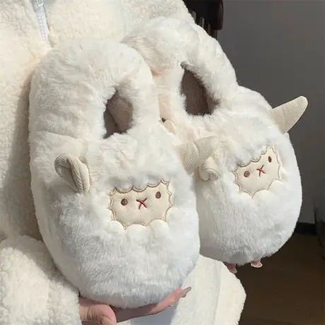 全包跟拖鞋女冬季外穿厚底毛茸茸棉拖鞋女可爱绵羊白色毛毛绒棉拖商品大图