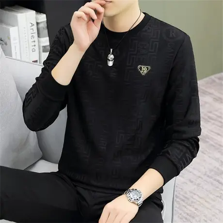 高档提花男士长袖t恤2024秋冬新款加肥加大码秋衣上衣卫衣打底衫商品大图