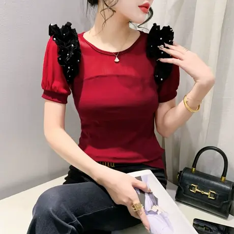 欧货女装木耳边T恤网纱设计感小众拼接泡泡袖气质上衣修身打底衫图片