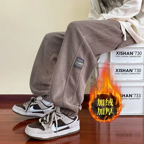 美式灯芯绒贴标卫裤男秋冬款加绒加厚青少年初高中生束脚裤子运动商品大图