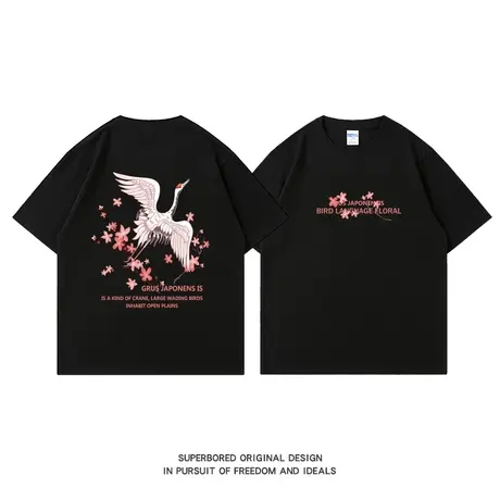 中国风国潮仙鹤印花纯棉短袖t恤男夏季潮牌宽松休闲半袖体恤衫图片