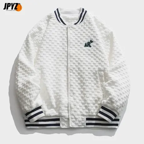 男士外套春秋装2022新款潮流华夫格宽松上衣白色棒球服夹克男装商品大图