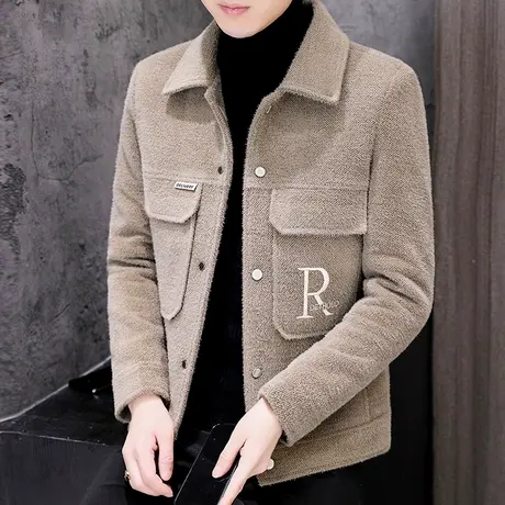 刺绣休闲加厚外套男士秋冬季工装夹克帅气翻领金貂绒毛呢子大衣潮商品大图