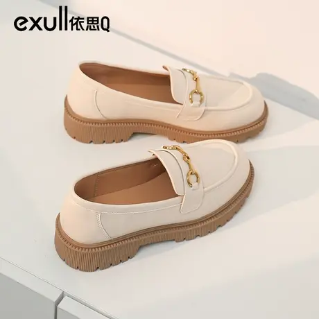 依思q英伦风黑色小皮鞋女2023新款秋冬一脚蹬女鞋子秋厚底乐福鞋商品大图