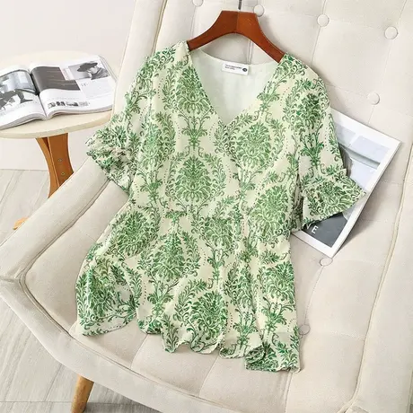 伊自尚2023年新款韩版胖mm大码女装夏季时尚百搭碎花显瘦雪纺衫女商品大图