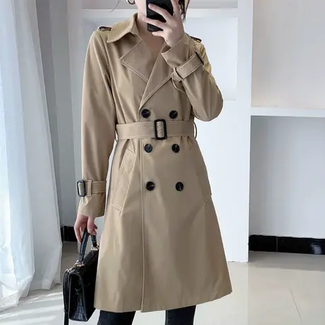 2021春秋季新款韩版气质英伦风系带收腰双排扣风衣中长款外套女装商品大图