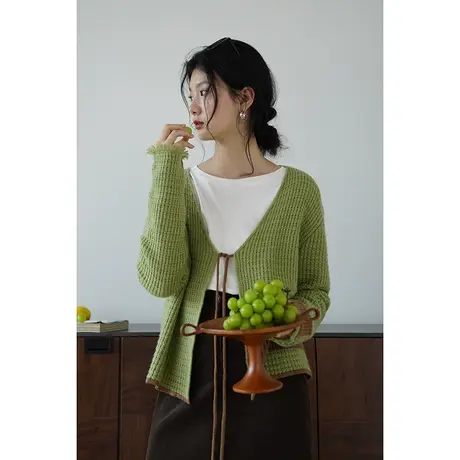 嘉茱莉2023新款针织开衫外套女撞色羊毛针织上衣设计感小众针织衫商品大图