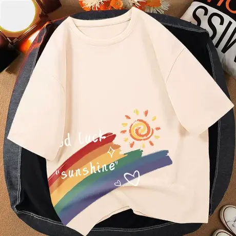 米色短袖t恤女夏季学生2023年新款宽松小个子半袖纯棉体恤女ins潮商品大图