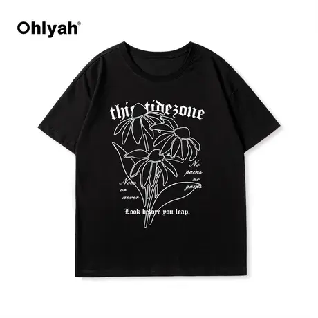 Ohlyah植物花卉复古线性菊花印花短袖男重磅纯棉国潮圆领中性T恤商品大图