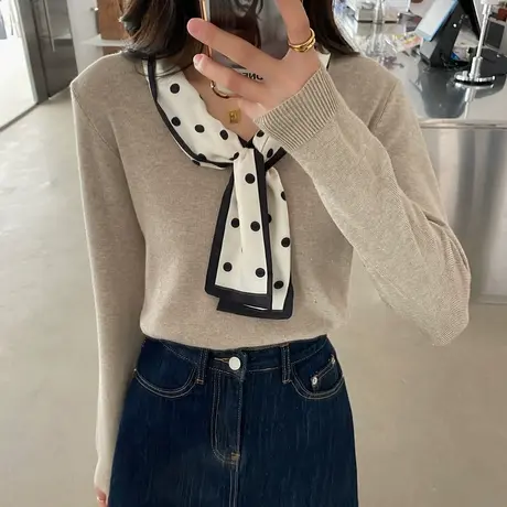 2020秋季新款针织衫女长袖上衣复古飘带波点领巾套头打底毛衣韩版图片