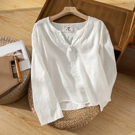 享永子半开V领汉麻T恤文艺复古宽松休闲麻料衬衣上衣2023秋季新款图片