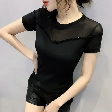 手工钉珠T恤女短袖夏装2023新款时尚网纱上衣洋气显瘦半袖小衫潮商品大图