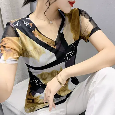 网纱短袖T恤女2023夏季新款印花V领上衣洋气修身显瘦打底衫半袖潮商品大图