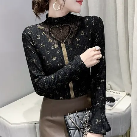 欧货加绒打底衫女秋冬洋气性感镂空网纱T恤长袖重工烫钻亮丝上衣商品大图