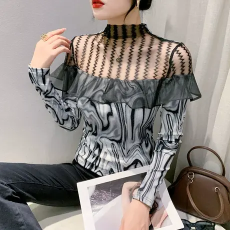 性感网纱拼接长袖T恤女2023秋季新款时尚镂空上衣荷叶边打底衫潮图片
