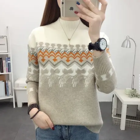 半高领加厚加绒宽松毛衣女2023秋冬新款民族风女士针织打底衫洋气商品大图