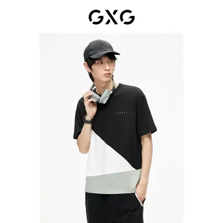 GXG男装 都市漫游拼接圆领短袖T恤精致绣花休闲 2023年夏季新品商品大图