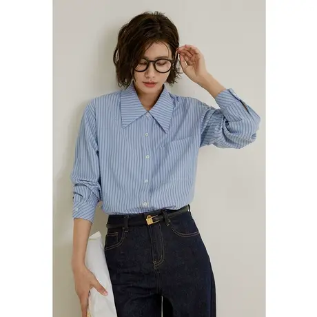 弥古蓝色条纹衬衫女2023新款秋长袖职业通勤叠穿衬衣气质显瘦上衣商品大图