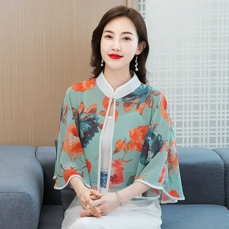 夏季雪纺印花小披肩配裙子短款碎花古风遮阳薄款防晒斗篷披肩开衫商品大图