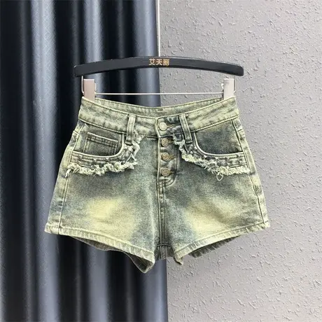 欧货复古怀旧牛仔短裤女2023夏季新款磨破铆钉辣妹高腰阔腿热裤潮图片
