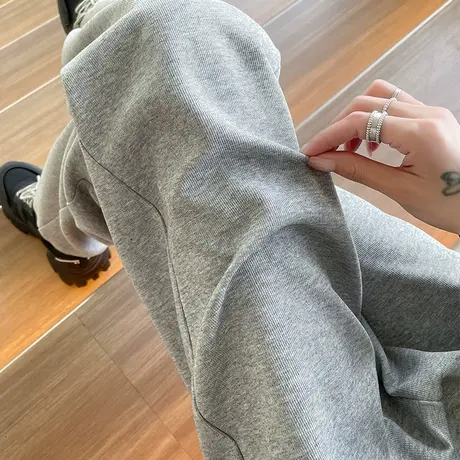 灰色阔腿运动裤女2023年春秋新款高腰宽松显瘦百搭休闲两穿卫裤潮商品大图