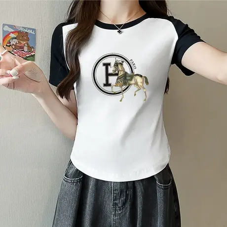 欧货新品纯棉t恤插肩袖短袖上衣女夏款韩版修身短款设计感潮牌ins商品大图