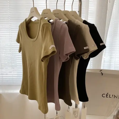 韩版百搭华夫格弹力U字领短袖t恤女修身显身材内搭打底衫上衣夏季商品大图