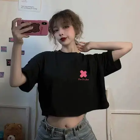 正肩短袖白色t恤女夏季仿棉上衣短款春秋内搭宽松打底衫显瘦体恤商品大图