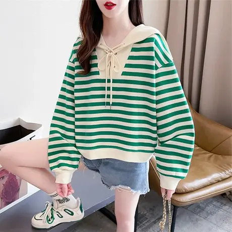 早秋卫衣女春秋季韩版宽松薄款条纹海军风绑带短款小个子上衣外套图片