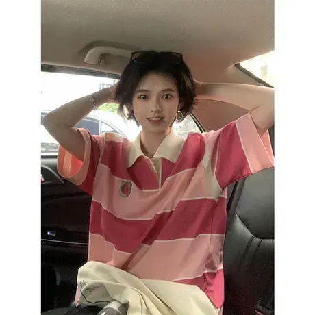 纯棉小熊条纹设计感短袖t恤女夏季ins潮牌宽松半袖日系polo衫上衣商品大图
