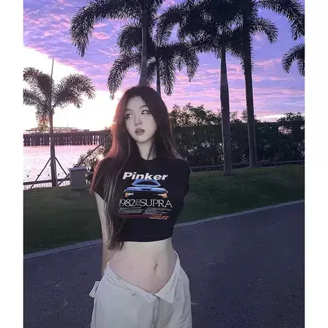 辣妹风美式短袖t恤女夏季修身显瘦独特小众设计感高腰短款上衣ins商品大图