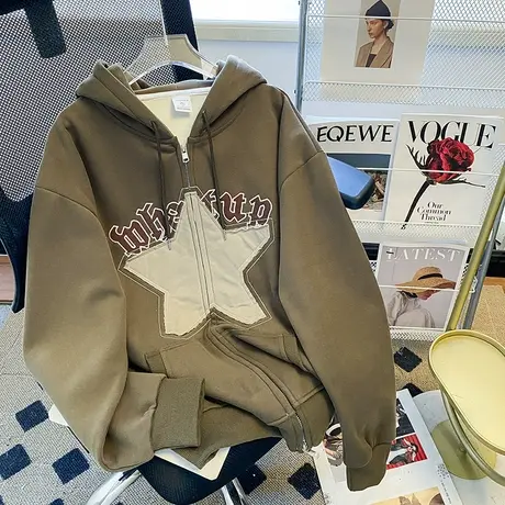 欧美高街设计感连帽外套女秋冬加绒加厚小众潮牌宽松大码开衫卫衣图片