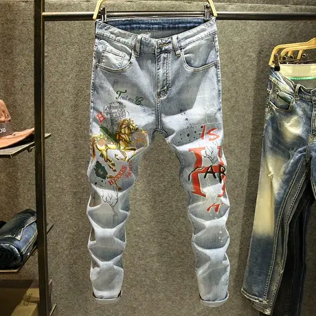 薄款浅色休闲牛仔裤男潮牌高端印花修身小脚裤韩版夏ins高街长裤商品大图