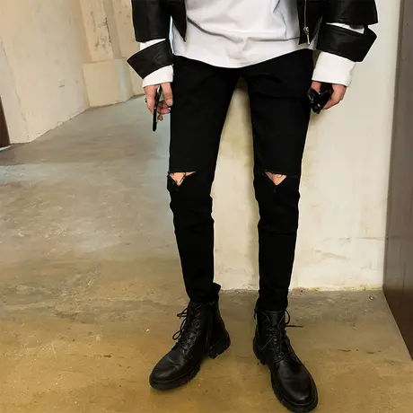 艾堡尼秋季黑色牛仔裤男士网红青年休闲小脚长裤学生帅破洞裤子商品大图