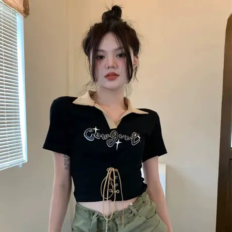 大码黑色正肩短袖T恤女装夏季设计感小众polo衫短款甜辣上衣200斤商品大图