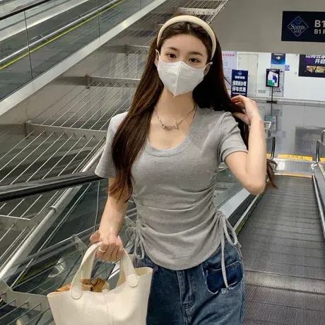 胖mm大码设计感小众正肩短袖t恤女夏季新款韩版短款辣妹上衣200斤商品大图