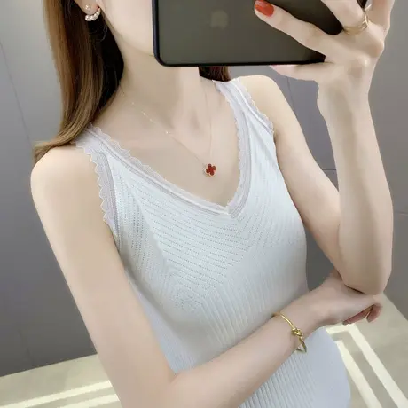 冰丝吊带女2024夏装新款V领纯色洋气针织衫韩版薄款无袖背心上衣商品大图