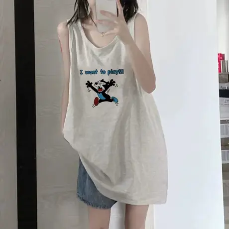 纯棉吊带运动背心无袖t恤女夏季设计感小众外穿宽松港风挂脖上衣商品大图