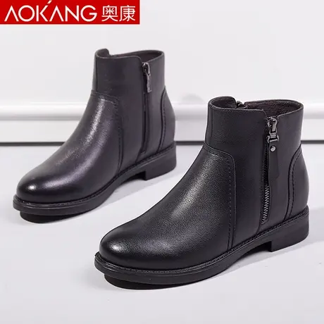 奥康女棉鞋加绒保暖真皮软底妈妈鞋平跟加绒中老年冬季高帮皮棉鞋图片