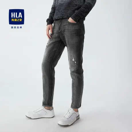 HLA/海澜之家休闲宽松黑牛仔裤秋冬季破洞微弹力休闲长裤子男士商品大图