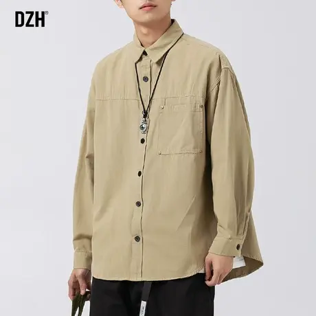男士痞帅宽松工装衬衫男长袖高级感卡其色上衣日系男装休闲衬衣男商品大图