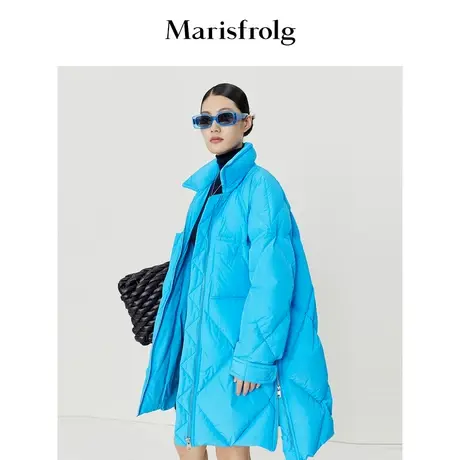 【逐光之旅】玛丝菲尔冬亮蓝色绗缝翻领大白鹅长款羽绒服商品大图