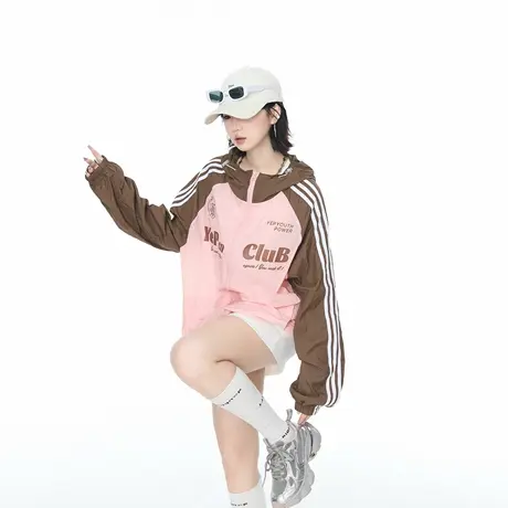 2025夏季街头运动风防晒衣少女粉棕拼接连帽防晒服女创意印花外套图片