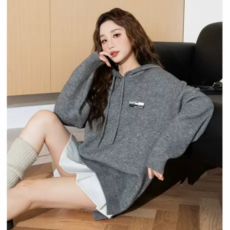 唐狮毛衣女新款秋冬连帽净色灰色慵懒风高级感宽松毛线衫百搭图片