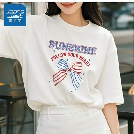 YD真维斯女装2025夏季新款女款韩式简约风蝴蝶结印花百搭短袖T恤商品大图