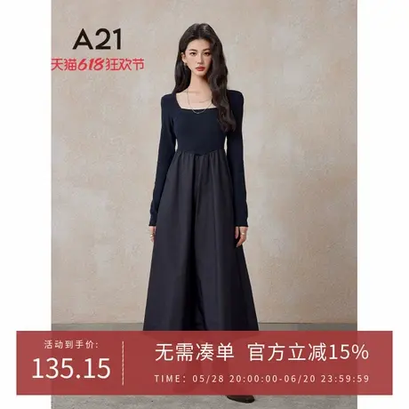A21女装A字型修身方领长裙春季新款简约休闲小黑裙收腰短款连衣裙图片