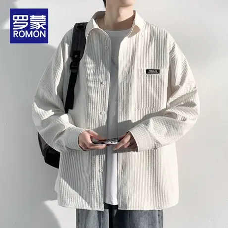 罗蒙华夫格衬衫外套男士春秋2025新款宽松休闲大码男生长袖衬衣服图片